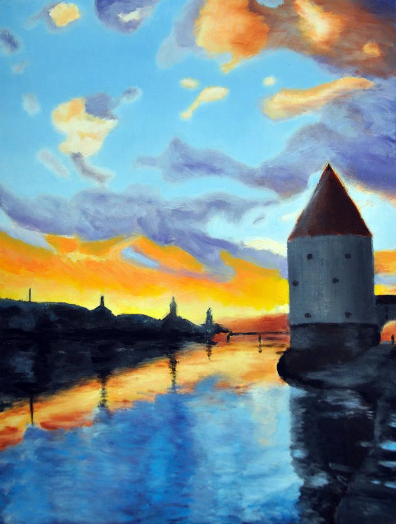 Original oil painting of Passau, Bavaria, Germany, at sunset view from Innkai on Inn and The Schaibling Tower - Print