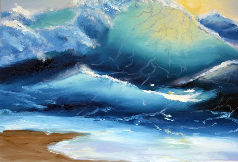 Sunrise at the seaside. Big waves. Original oil painting