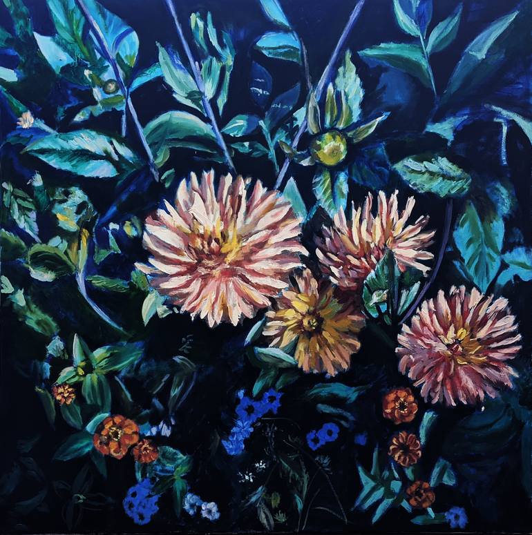"Nothing is at rest" - Dahlias oil painting - Print