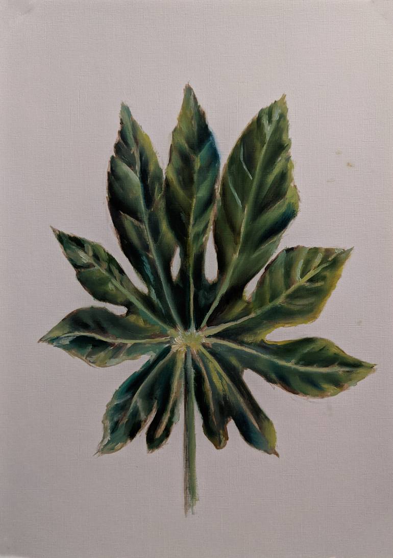 Original oil painting of the green fig leaf on the white background