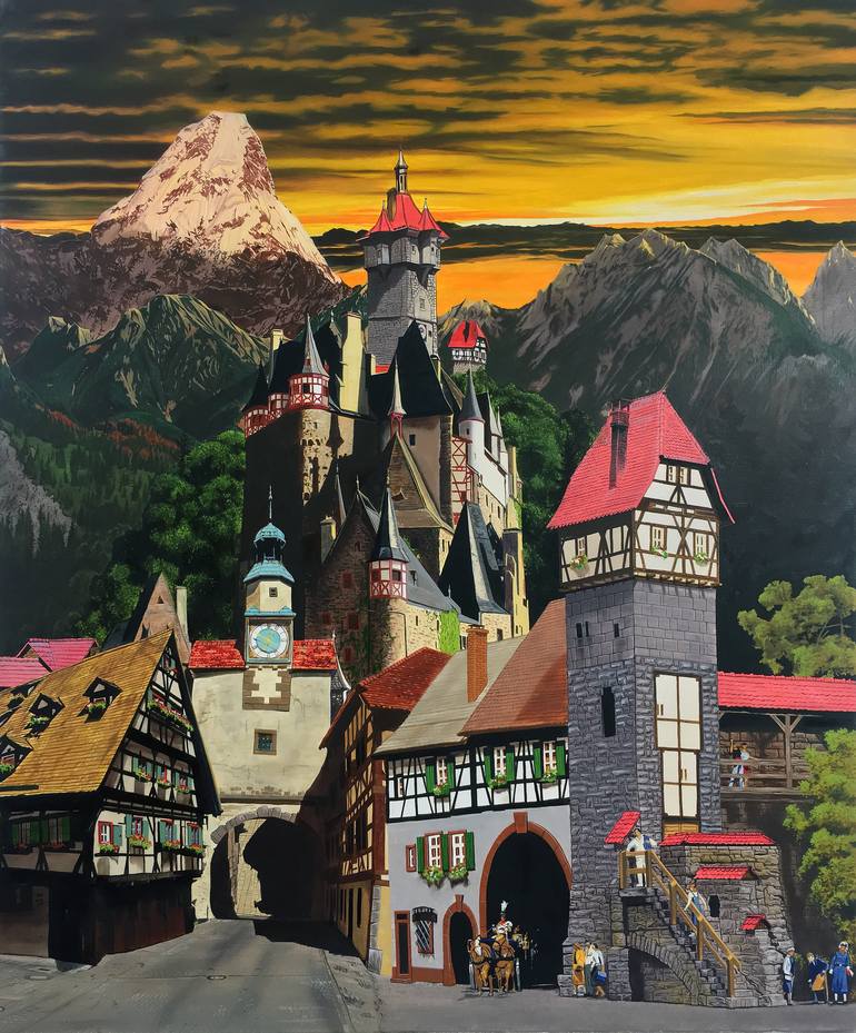 Original Architecture Painting by Alexander Heaton | Surrealism Art on Canvas | The Dreaming Spires and Summits of Mitteleuropa (Rothenburg ob der Tau