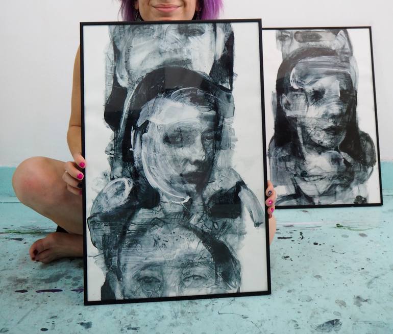 Original Abstract Expressionism People Drawing by Cynthia Gregorová