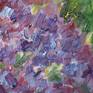 The vibrant pink blossoms of lilacs provided the inspiration for the painting. The composition is simple and devoid of superfluous details, the use of brush is delicate and deliberate, the blending of colours is playful and organic. Pink and purple colours in the foreground of the painting contrast with the greens of the surrounding foliage and the blue sky. The work is painted on canvas in the style of Impressionism.