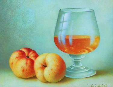 Still life with glass of cognacs and peaches thumb