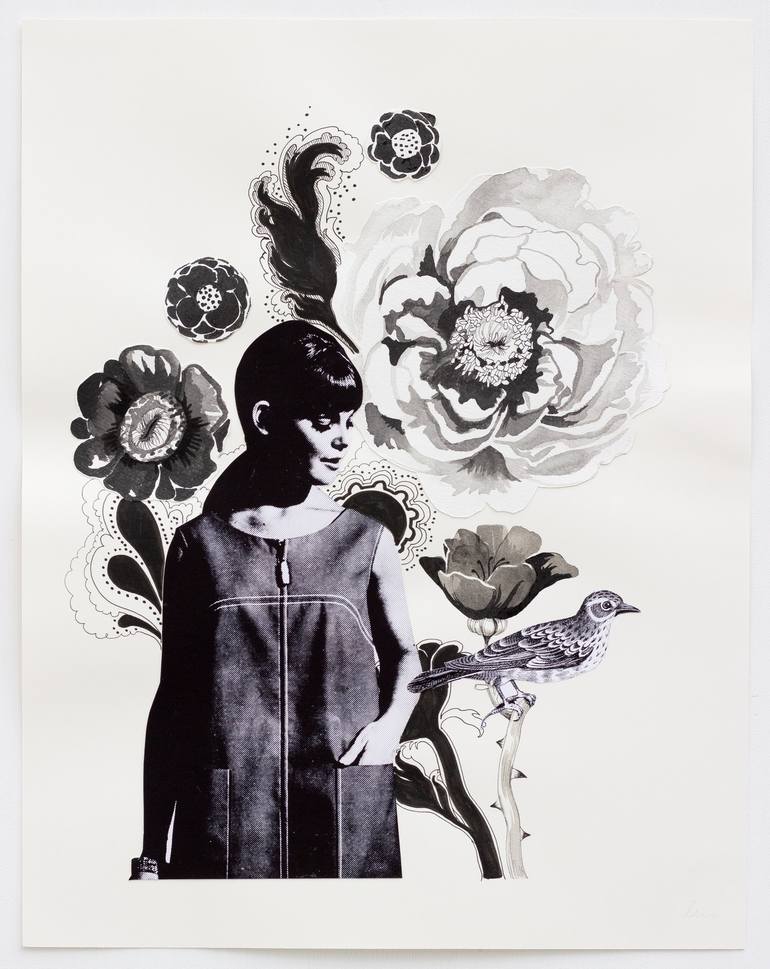 Original Black & White Floral Mixed Media by Lauren Matsumoto