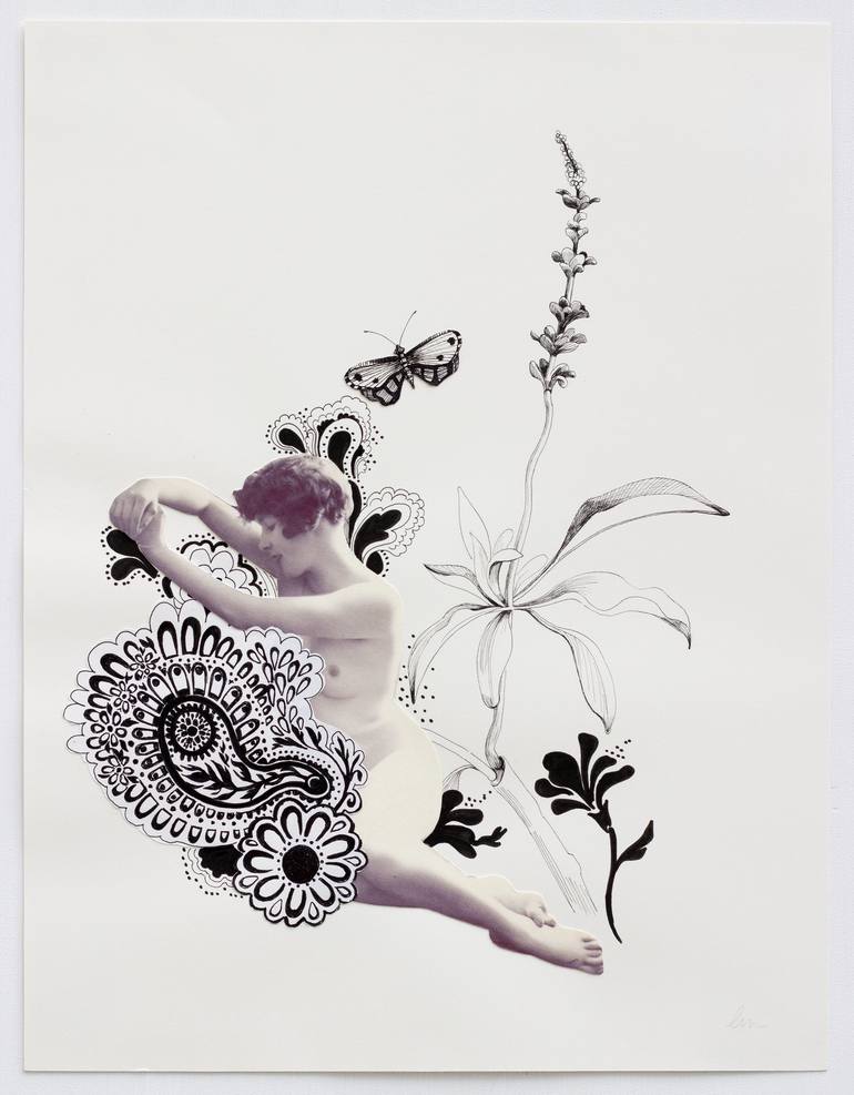 Original Black & White Floral Mixed Media by Lauren Matsumoto