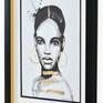 15x11" ink portrait of a beautiful women with a golden earrings. Elegant and confident. The artwork is framed and ready to hang (20x16x1" black frame 0.5" inside gold rim).