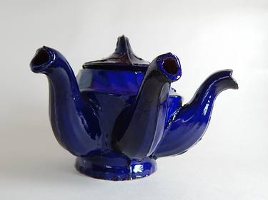 Handmade, tea-party tripple spout teapot! Electric blue! thumb