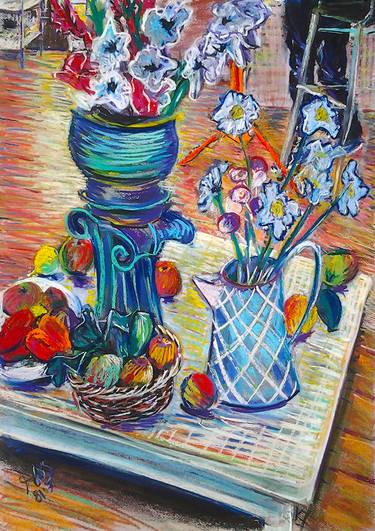 Turquoise Pots, Flowers & Jugs On White Table (SOLD) thumb