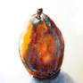 A single pear painted in a free, open style with interpretive color.