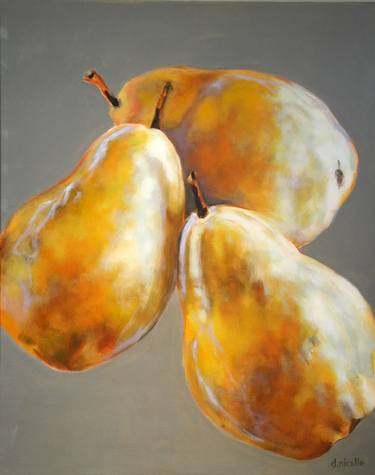 Three Yellow Pears on Grey thumb