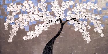 Abstract Blue Silver Mosaic White Cherry Blossom Tree - Cool Blooms thumb