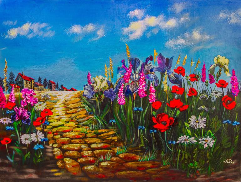 Original Landscape Painting by Anatoli Razenberg | Expressionism Art on Canvas | Field of Flowers