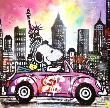 Snoopy visits New York in  a VW Beetle thumb