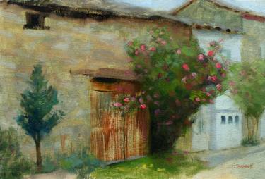 Flowering camellia bush outside old stone barn impressionism thumb