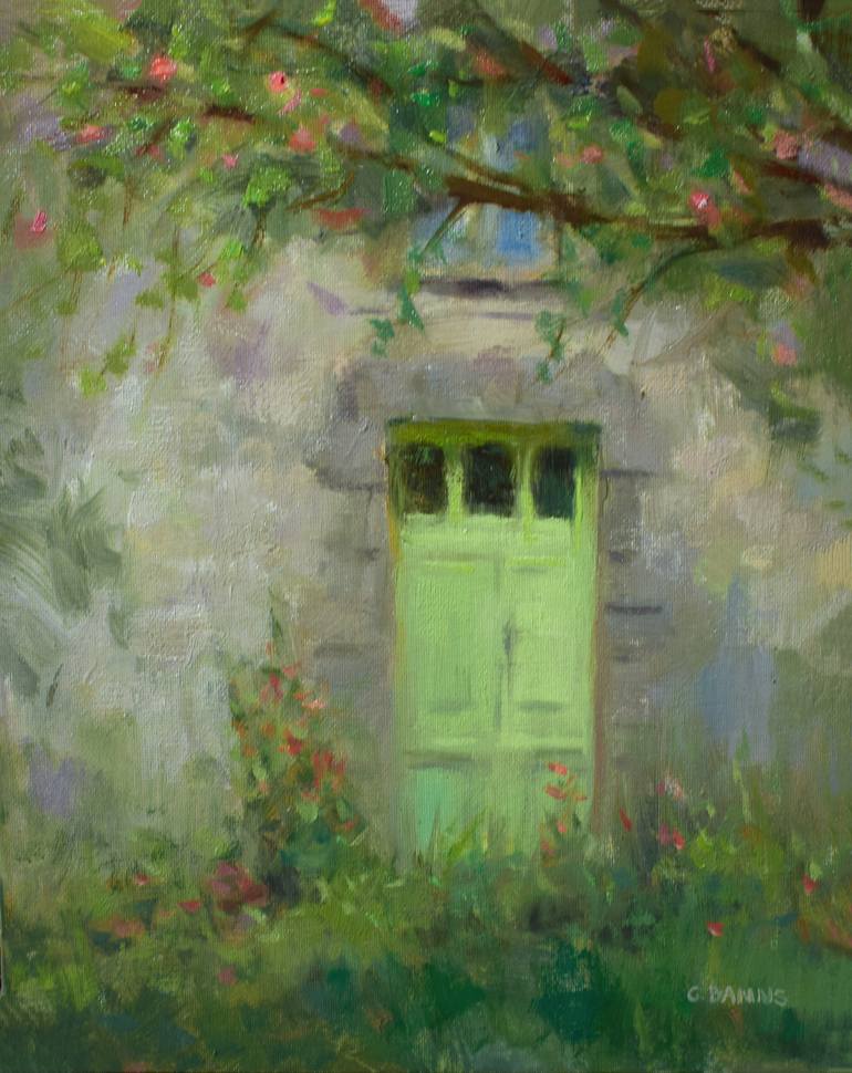 Original Home Painting by Gavin Banns | Impressionism Art on Canvas | The Old Green Door with Apple Blossom