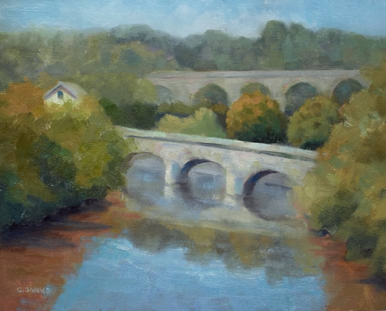 Original Architecture Painting by Gavin Banns | Impressionism Art on Canvas | River Viaduct, Ancient Bridge and Railway Line