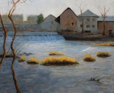 Weir and old industry on the river Vienne on a winter's day thumb
