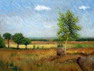 Impressionist field and trees in English landscape thumb