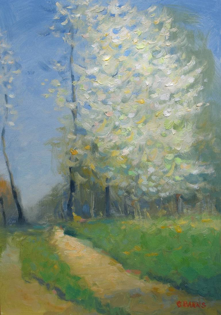 Impressionist oil painting landscape birches in the field, signed