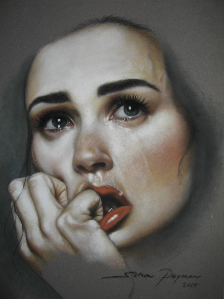 Sad Woman 35 X 50 Cm Soft Pastel On Velvet Paper Drawing By Sema