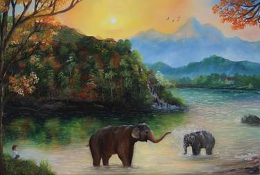 Elephants in forest sunrise thumb