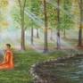 This is an original handmade oil painting of beautiful scenery. In this painting a person meditating on the bank of river and enjoying love of nature and blessings of God. This is an imagination of living pure with nature and enjoying in its original form. The morning sun light and greenery in this painting makes you feel fresh and light.