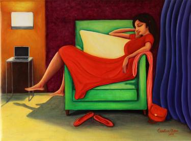 Relaxed - Woman in red relaxing on sofa thumb