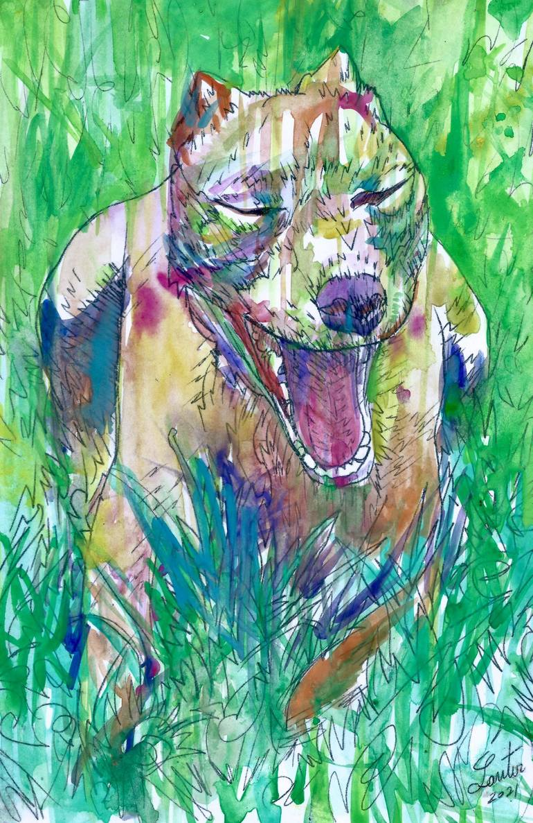 PIT BULL YAWNING IN THE GARDEN Painting by Lautir - | Saatchi Art