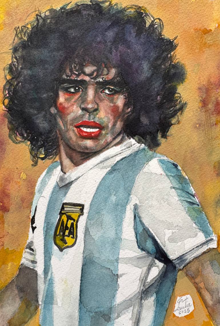 Original Sports Painting by Lautir   Portraiture Art on Paper  DIEGO MARADONA