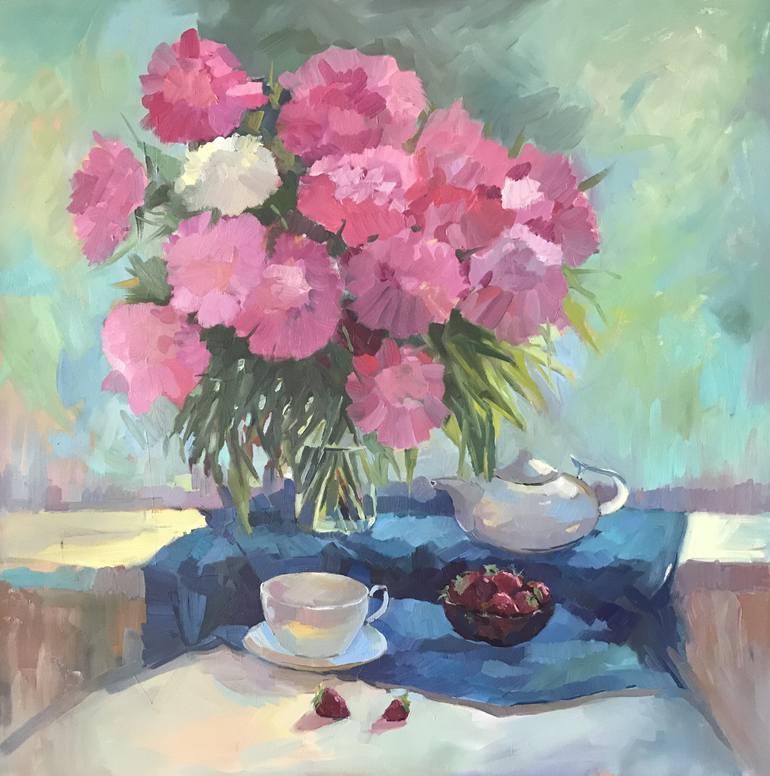Still life with peonies Painting by Andrii Roshkaniuk | Saatchi Art