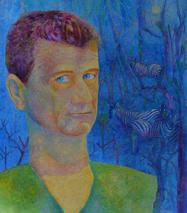 Man portrait and forest Blue green people painting thumb