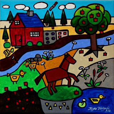 Brown Horse in Pasture, Barn - Happy Farm House Series thumb