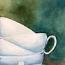 This is part of a series of three watercolours depicting 4 stacked white cups.
My focus was on the background where I played with the watercolour pigments, granulations, effects and different colour combinations.

This one is smaller than the others and I used a handmade watercolour paper with deckled edges.
