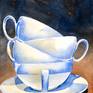This is part of a series of three watercolours depicting 4 stacked white cups.
My focus was on the background where I played with the watercolour pigments, granulations, effects and different colour combinations.