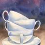 This is part of a series of three watercolours depicting 4 stacked white cups.
My focus was on the background where I played with the watercolour pigments, granulations, effects and different colour combinations.