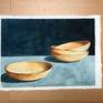 Still life of four yellow ceramic bowls.
Photo reference by Tom Crew, on Unsplash

Painted on handmade Khadi paper rough with deckled edges