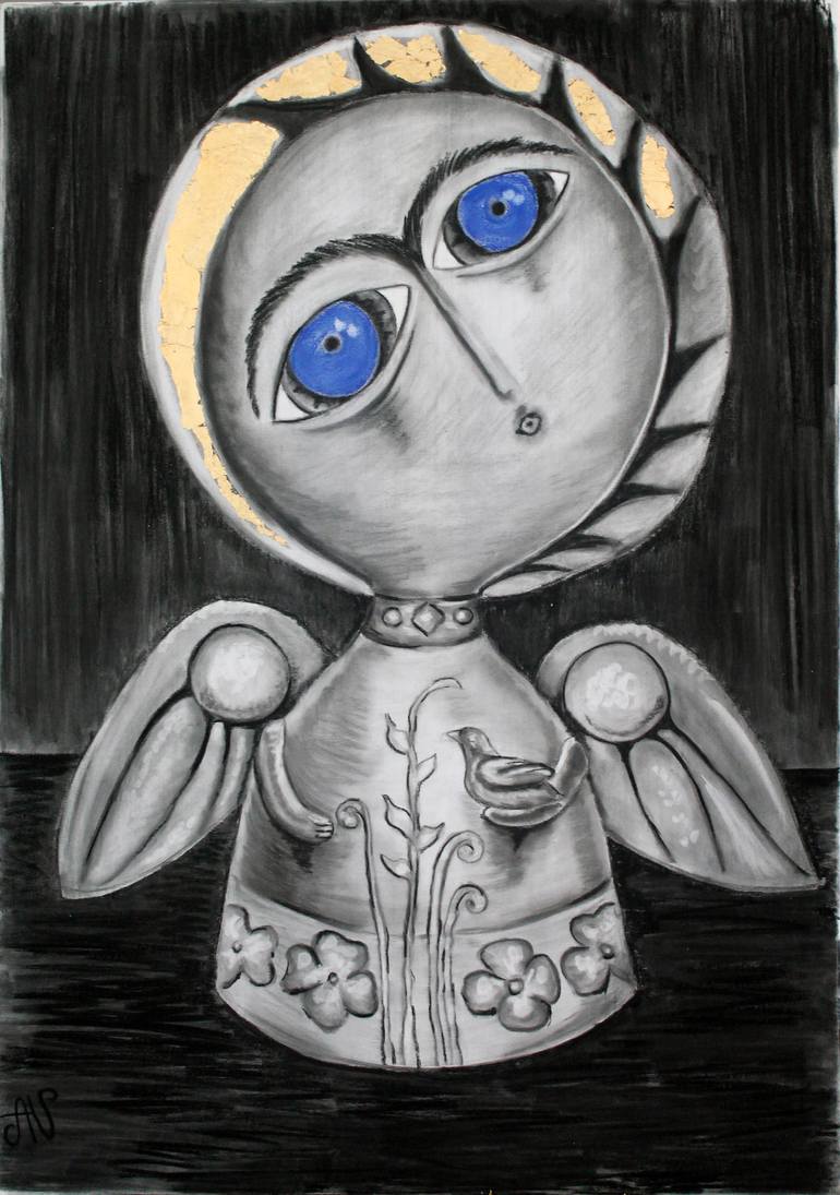 Angel with bird Drawing by Alena Vavilina | Saatchi Art