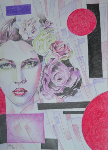 WOMAN WITH ROSES IN GEOMETRIC SPACE thumb