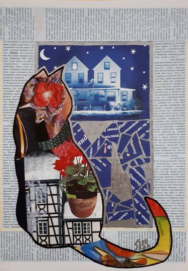 Original Abstract Expressionism Cats Collage by Svetlana Samovarova