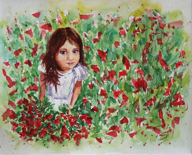 Original Children Painting by Svetlana Samovarova | Figurative Art on Paper | Tamara in a Field of Red Flowers