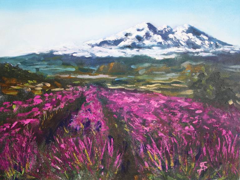 LAVENDER FIELDS AND MOUNTAINS Painting by Svetlana Samovarova | Saatchi Art