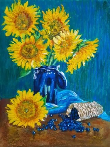 Still life Sunflowers and Blueberries... thumb