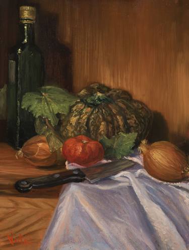 Pumpkin, tomato, onions and olive oil - still life thumb