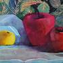 From the series of mixed media artworks, where the main tool is watercolor.
Abstract decorative still life with apples.
The artwork is framed. The protective plastic cover is included.