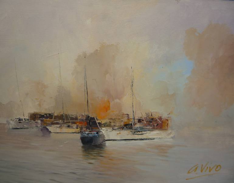 Original Seascape Painting by Andres Vivo | Abstract Expressionism Art on Other | 3947 Sun slip through - seascape