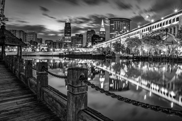 Cleveland Skyline From The Riverfront - Black and White Edition - Print