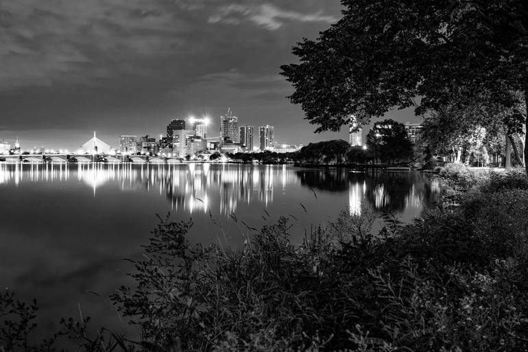 Boston Skyline and Charles River At Dawn in Black and White - Print