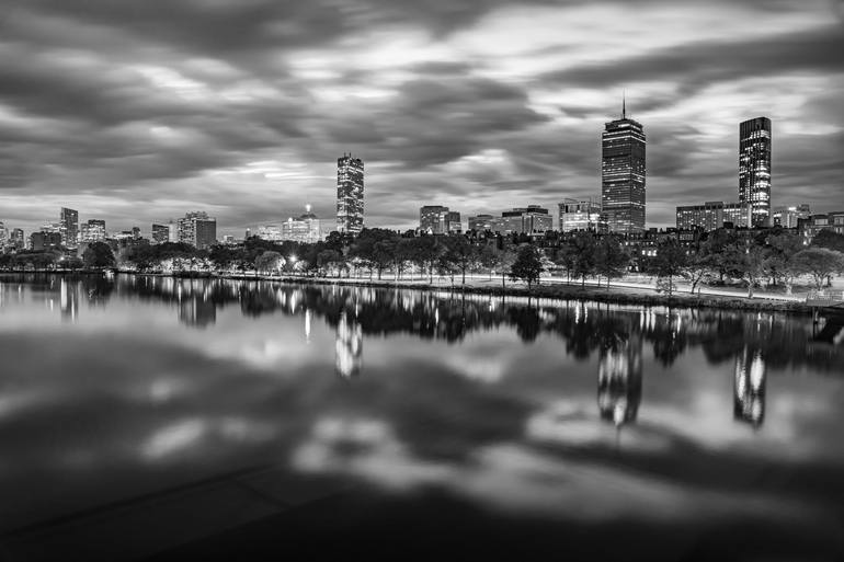 Boston City Skyline Reflections in Black and White - Print