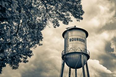 Vintage Bourbon Whiskey Water Tower and Tree - Sepia thumb